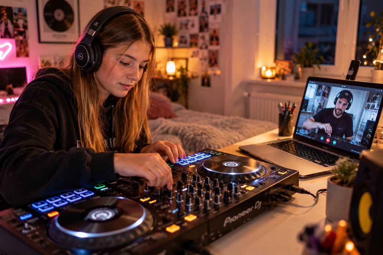 A teenager learning to DJ in an online lesson, with her tutor on a laptop